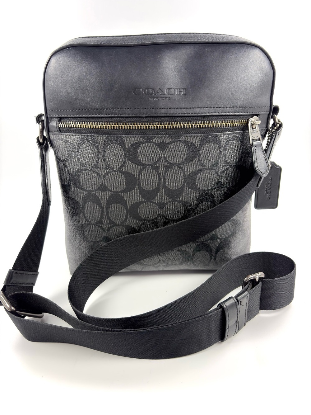 Coach Houston Flight Bag Crossbody Sig Charcoal Black PVC Leather Messenger 4010